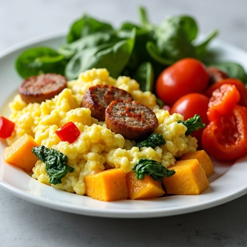 Egg White Scramble with Turkey Sausage and Roasted Sweet Potatoes