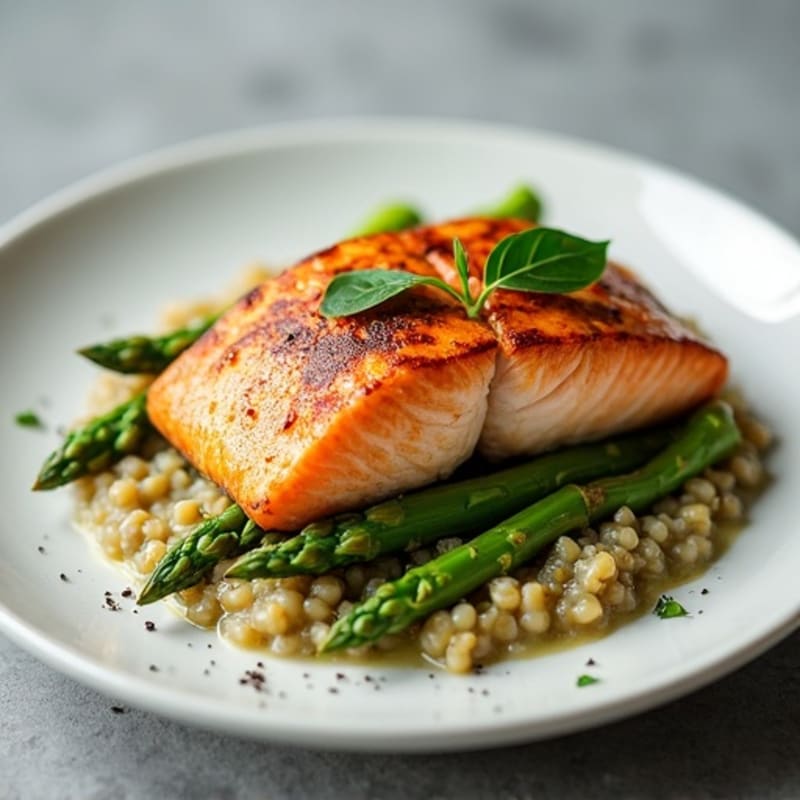Seared Salmon with Steamed Asparagus and Lentil Mash