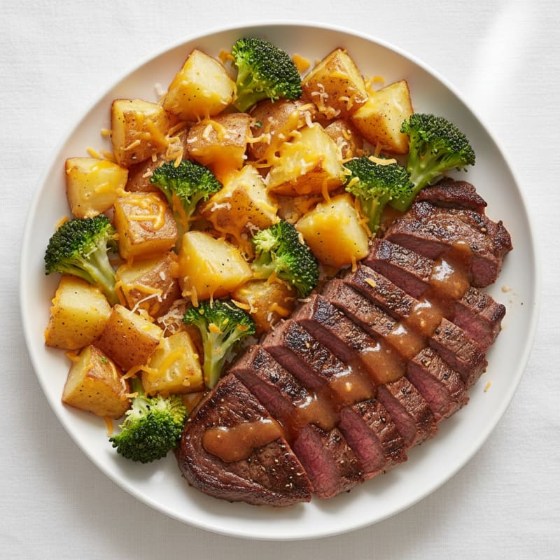 Seared Beef with Cheesy Roasted Potatoes and Steamed Broccoli
