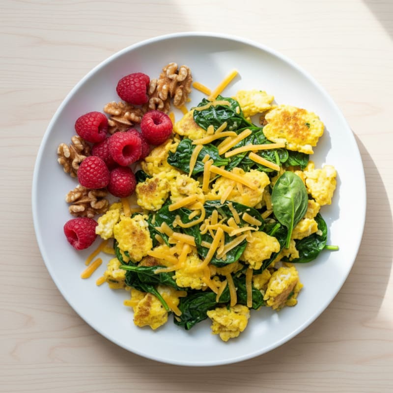 Egg and Cheese Scramble with Sautéed Spinach and Fresh Berries
