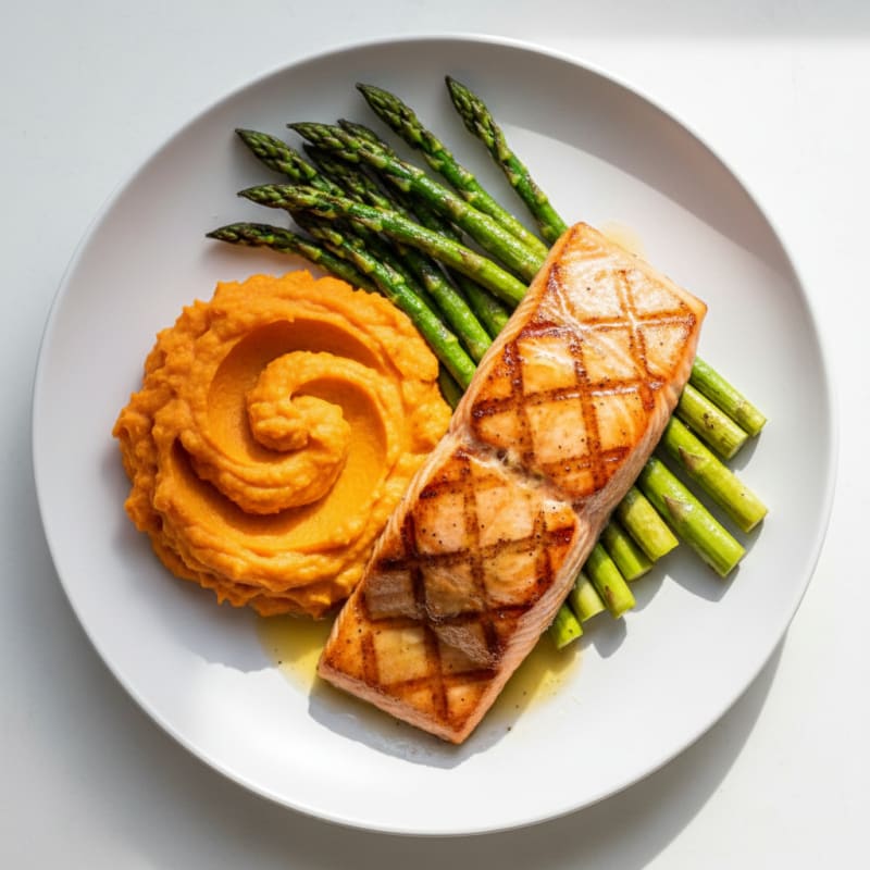 Seared Salmon Filet with Roasted Asparagus and Sweet Potato Mash