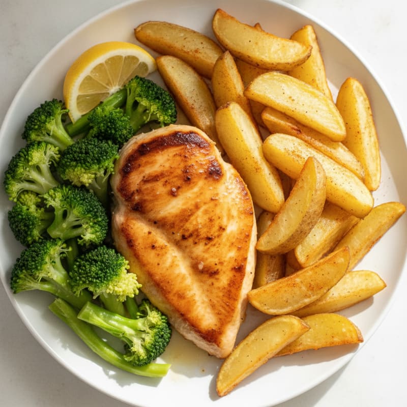 Seared Chicken Breast with Crispy Potato Wedges and Steamed Broccoli