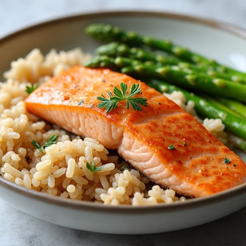 Seared Salmon with Steamed Asparagus and Brown Rice