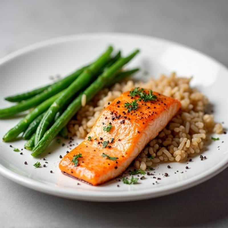 Seared Salmon Fillet with Steamed Green Beans and Brown Rice