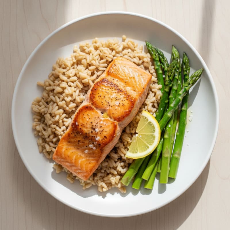 Seared Salmon with Steamed Asparagus and Brown Rice