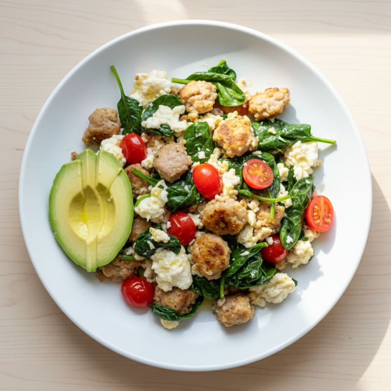 Egg White and Turkey Sausage Scramble with Spinach and Tomatoes