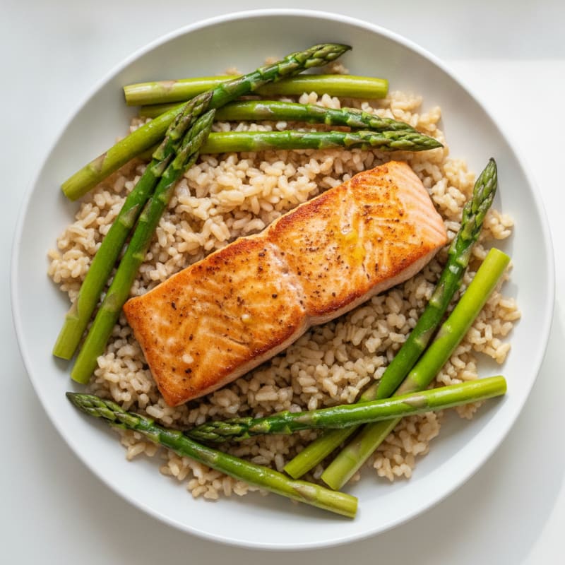 Seared Salmon with Steamed Asparagus and Brown Rice