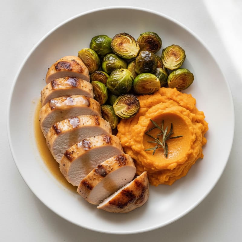 Seared Turkey Breast with Roasted Brussels Sprouts and Sweet Potato Mash
