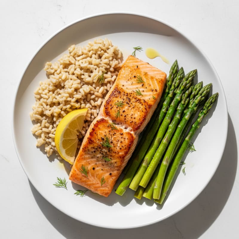 Seared Salmon with Steamed Asparagus and Brown Rice