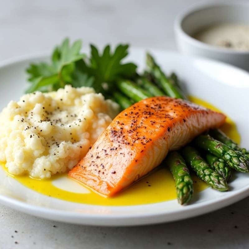 Seared Salmon with Steamed Asparagus and Cauliflower Mash