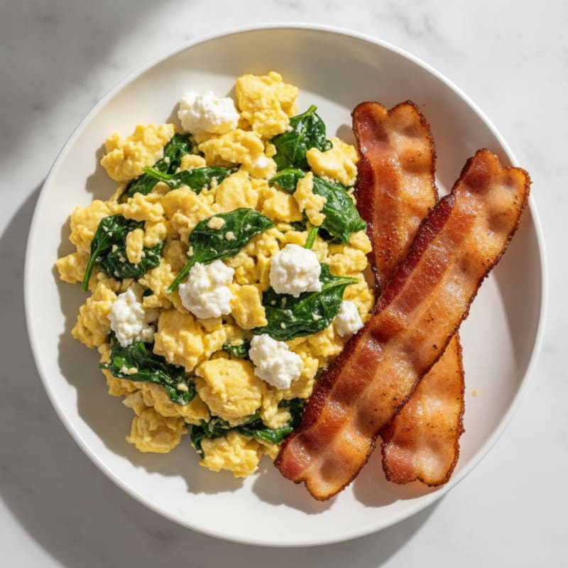 Cottage Cheese Egg Scramble with Spinach and Turkey Bacon