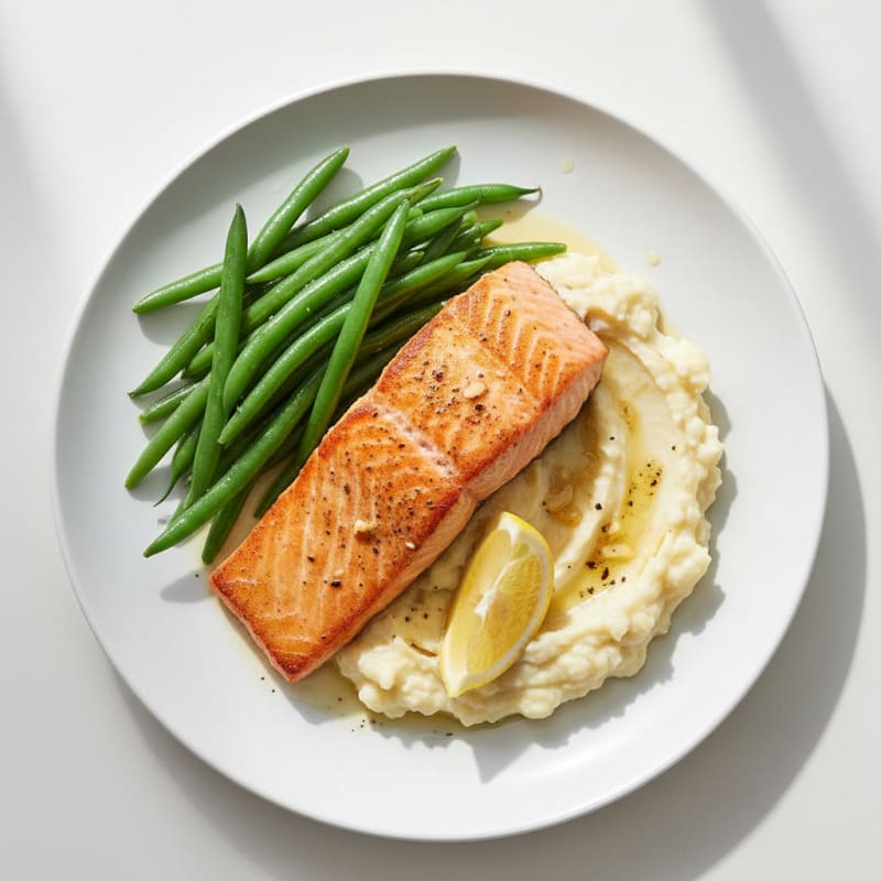 Seared Salmon Fillet with Steamed Green Beans and Garlic Mashed Cauliflower