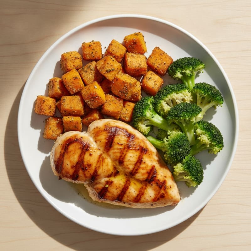 Seared Chicken Breast with Roasted Sweet Potato and Steamed Broccoli