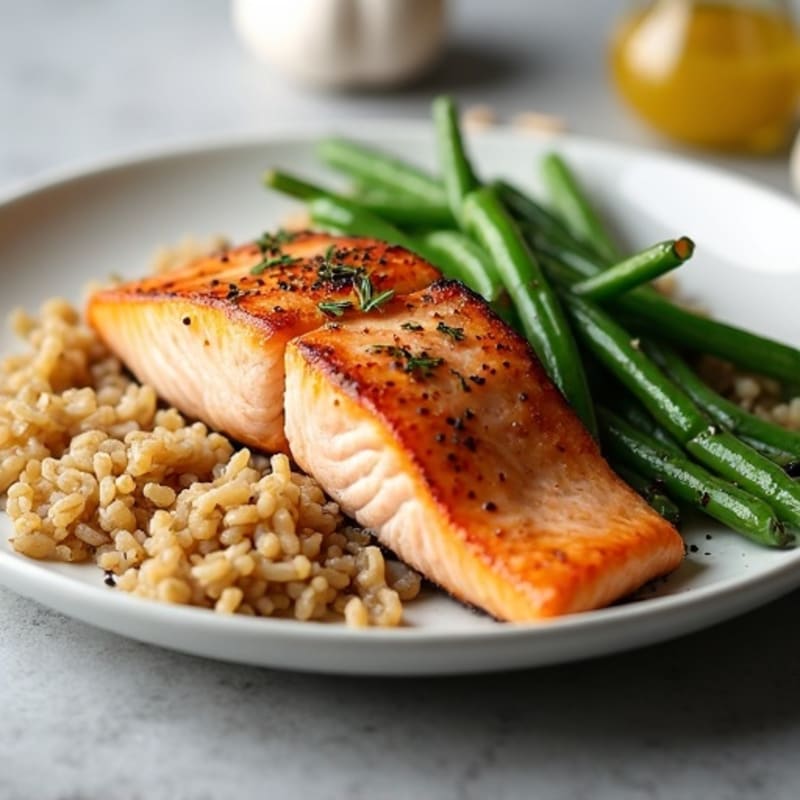 Seared Salmon with Garlic Green Beans and Brown Rice
