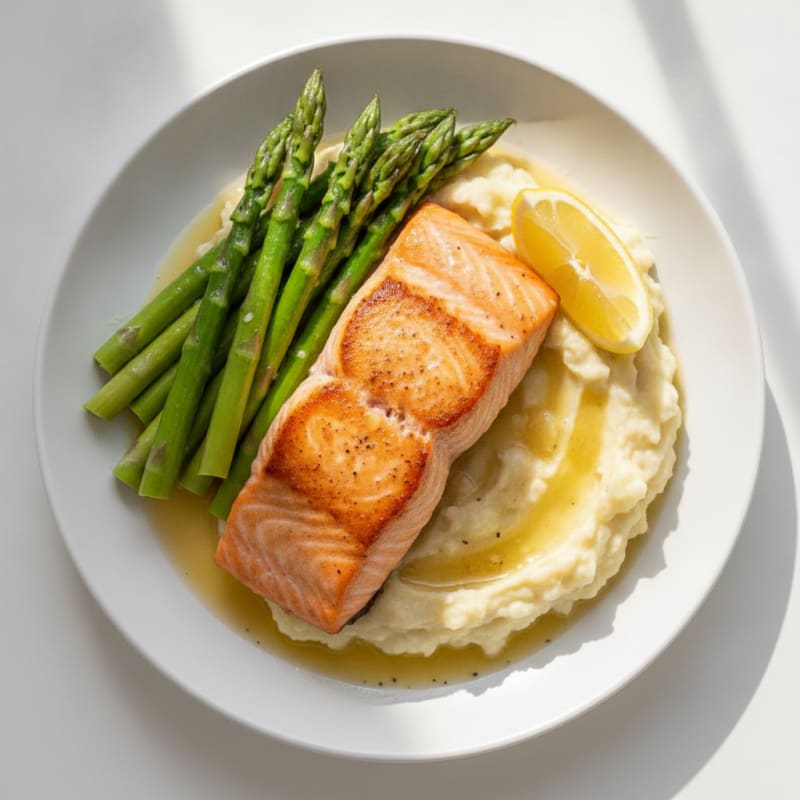 Seared Salmon Fillet with Steamed Asparagus and Garlic Mashed Cauliflower