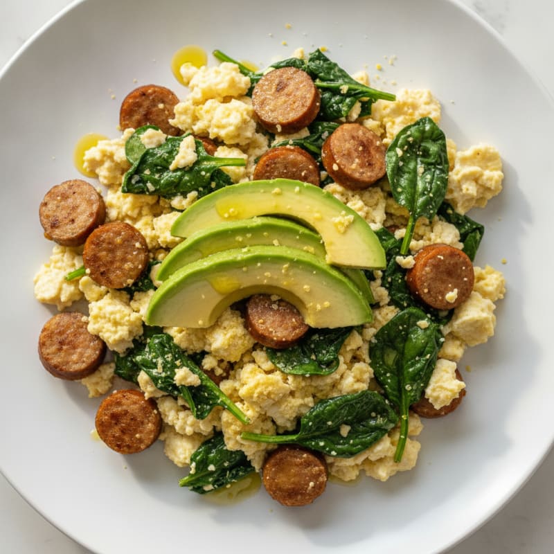 Egg White Scramble with Turkey Sausage and Sautéed Spinach