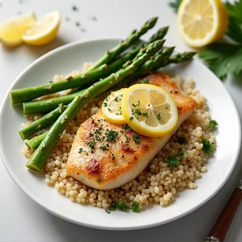 Pan-Seared Lemon Herb Chicken with Fresh Asparagus and Quinoa
