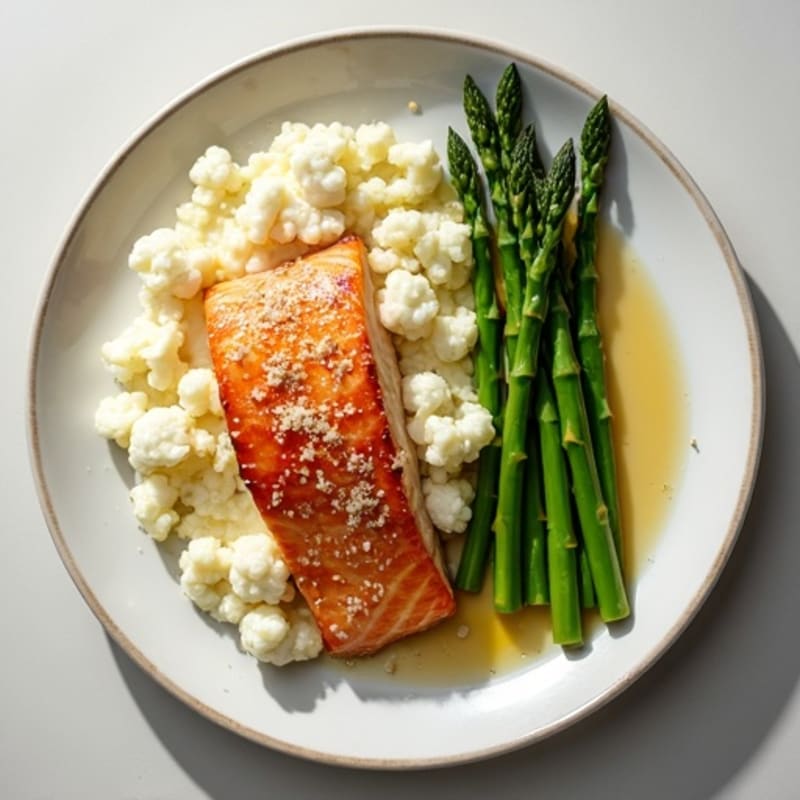 Seared Salmon with Steamed Asparagus and Garlic Mashed Cauliflower
