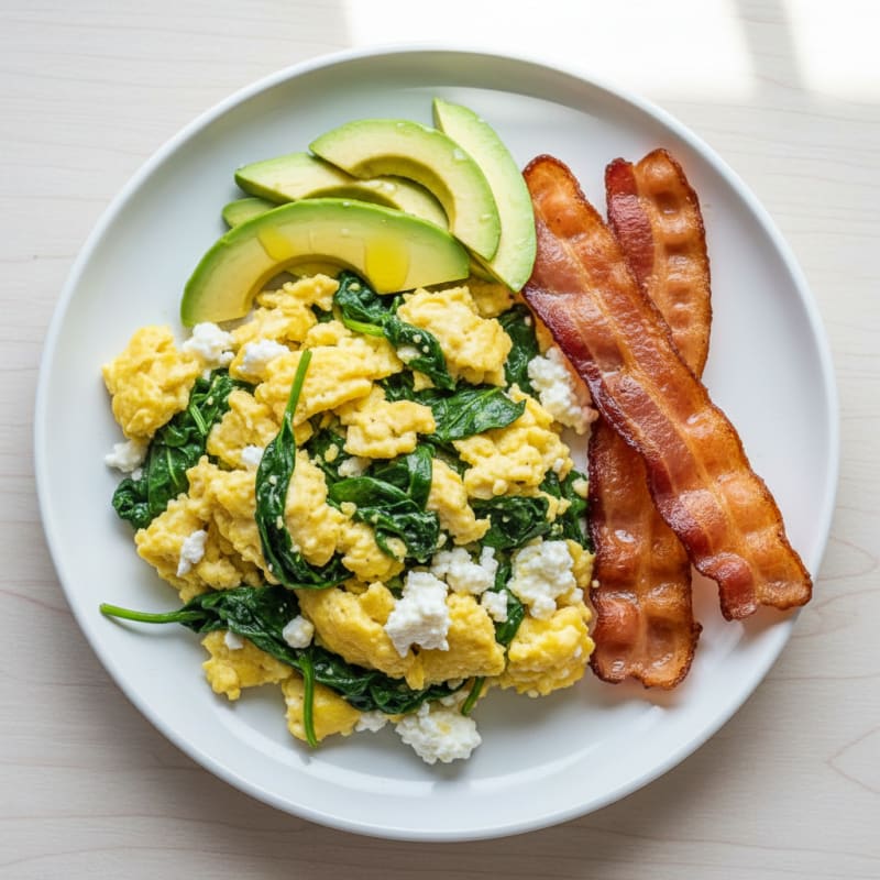 Cottage Cheese Scramble with Spinach and Turkey Bacon