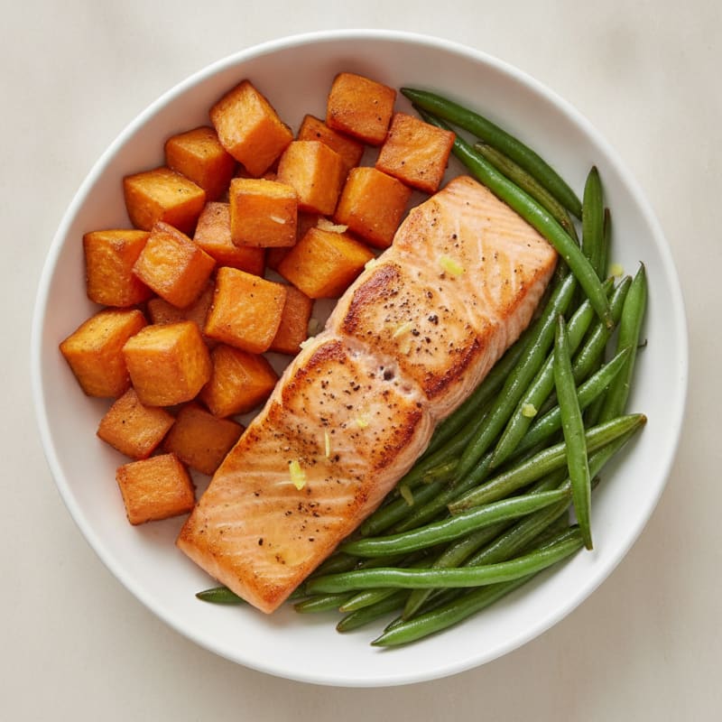 Pan-Seared Salmon with Roasted Sweet Potatoes and Green Beans