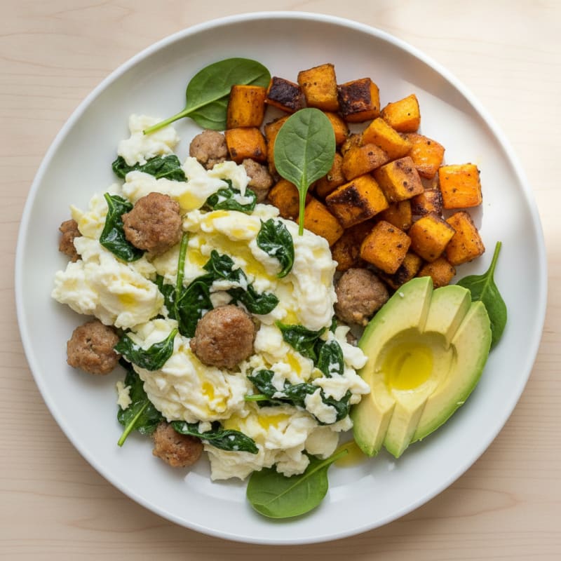 Egg White Scramble with Turkey Sausage and Spinach