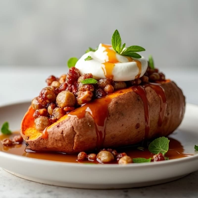Maple-Pecan Stuffed Sweet Potato with Turkey Sausage