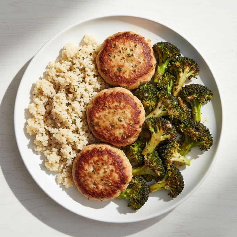 Seared Turkey Patties with Roasted Broccoli and Quinoa