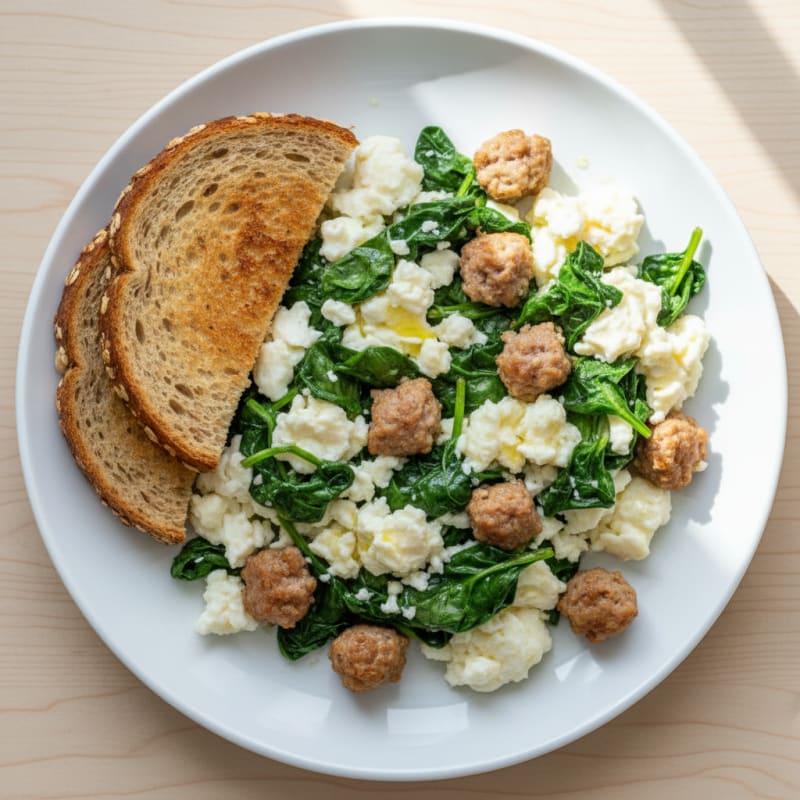 Egg White and Spinach Scramble with Turkey Sausage