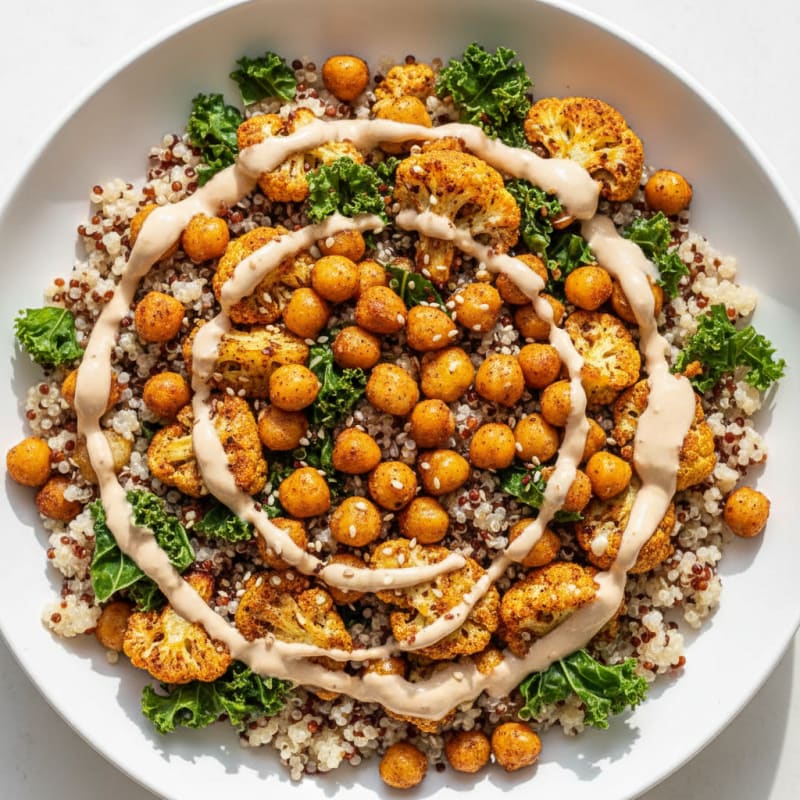 Crispy Chickpea and Roasted Vegetable Power Bowl with Tahini Yogurt Sauce