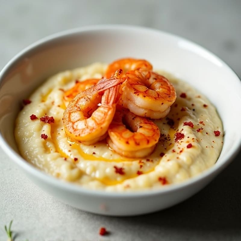 Creamy Cauliflower Grits with Spicy Garlic Shrimp