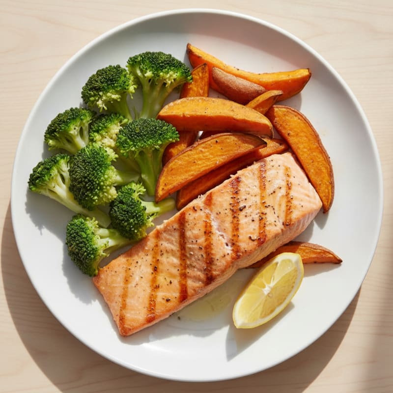 Grilled Salmon with Roasted Sweet Potato and Steamed Broccoli