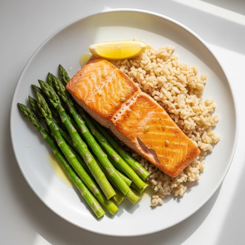 Seared Salmon with Steamed Asparagus and Brown Rice