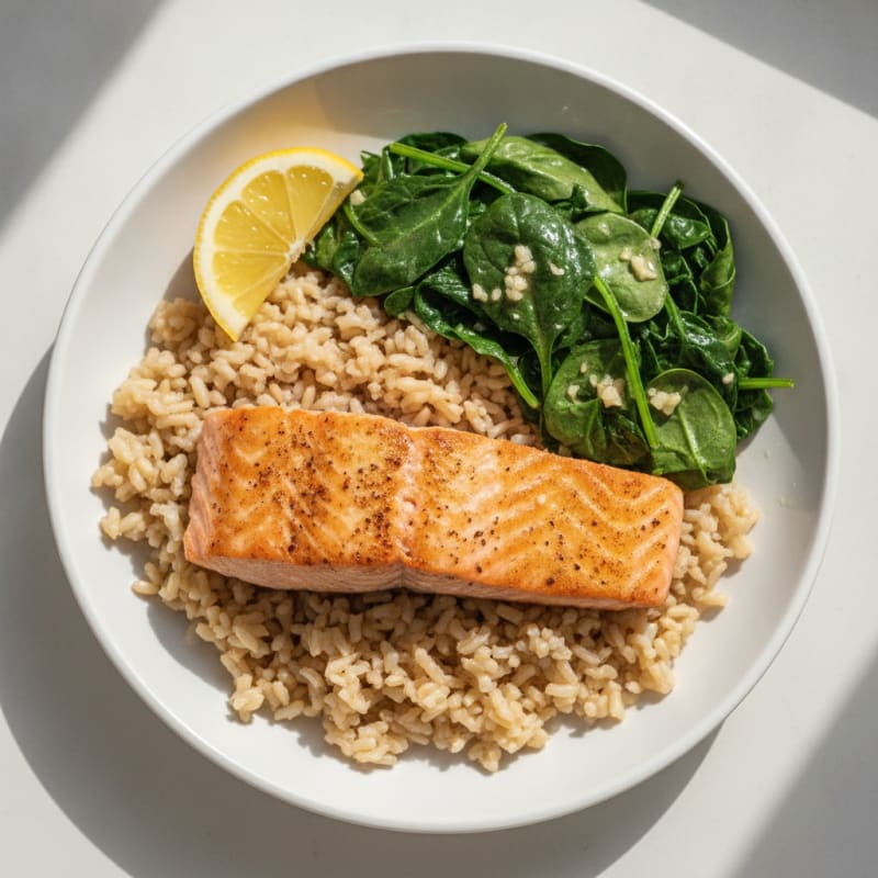 Seared Salmon with Brown Rice and Sauteed Spinach