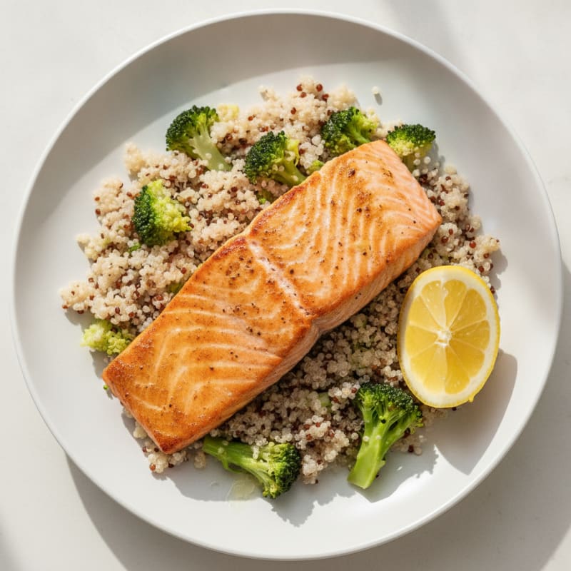 Seared Salmon with Steamed Broccoli and Quinoa