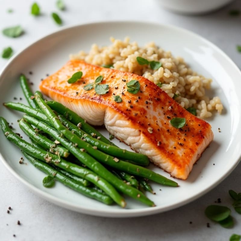 Seared Salmon with Garlic Green Beans and Brown Rice