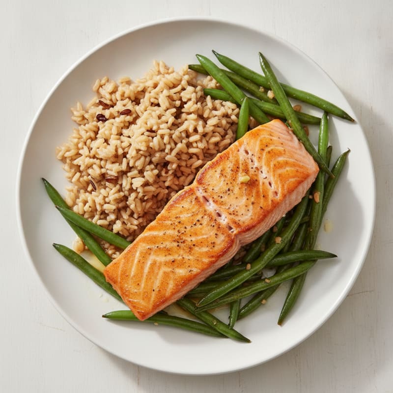Seared Salmon with Garlic Green Beans and Brown Rice