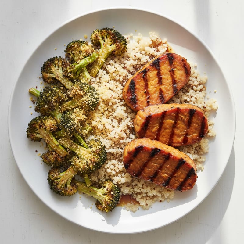 Grilled Tempeh Steaks with Roasted Broccoli and Quinoa