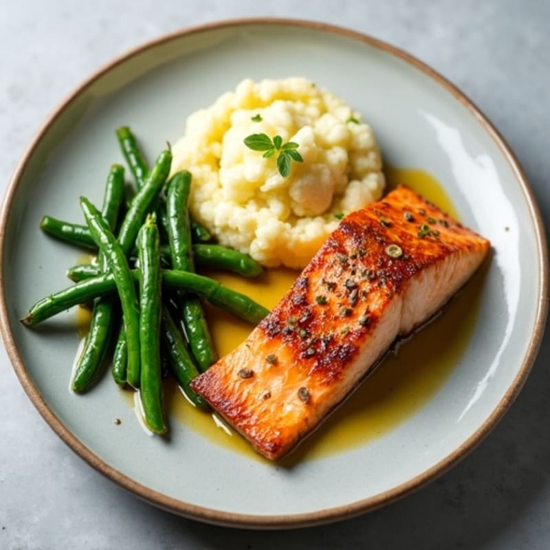 Seared Salmon Fillet with Garlic Green Beans and Cauliflower Mash