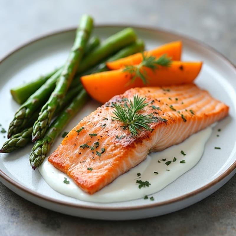 Seared Salmon Fillet with Roasted Sweet Potato and Asparagus