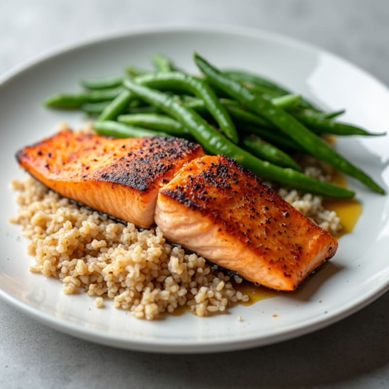 Seared Salmon with Steamed Green Beans and Brown Rice