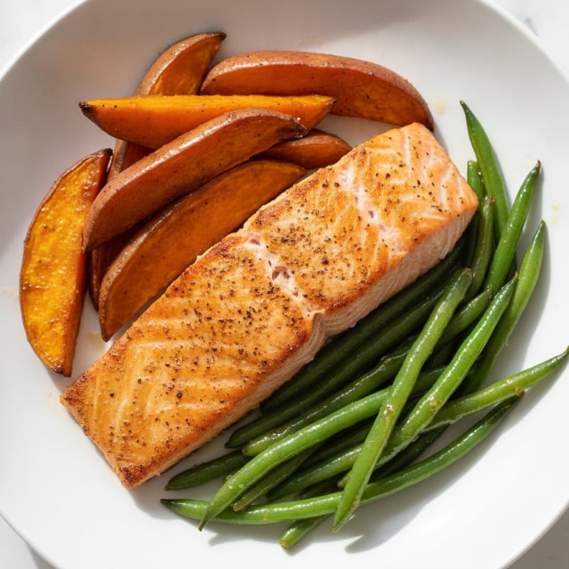 Seared Salmon Fillet with Roasted Sweet Potato and Green Beans