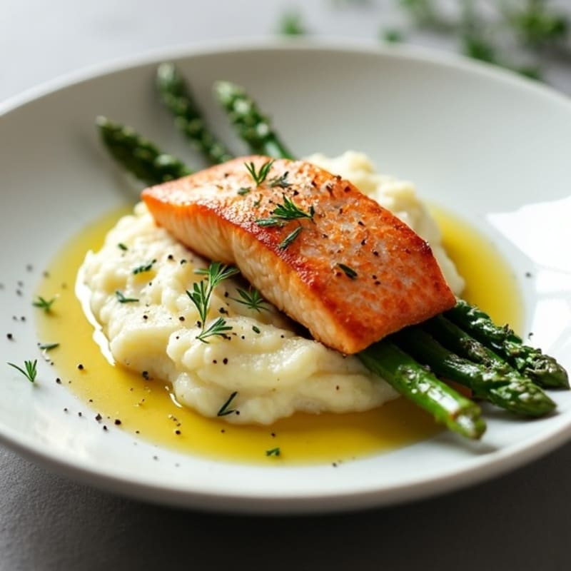Seared Salmon Fillet with Steamed Asparagus and Cauliflower Mash