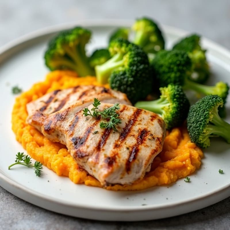 Seared Turkey Breast with Steamed Broccoli and Sweet Potato Mash