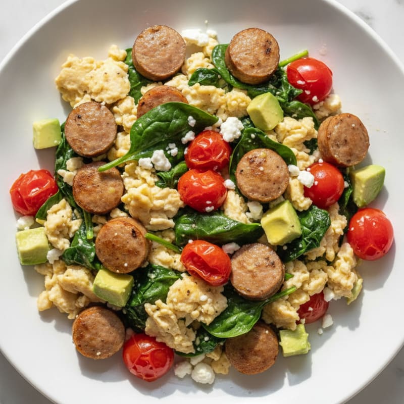 Egg White and Turkey Sausage Scramble with Spinach and Tomatoes