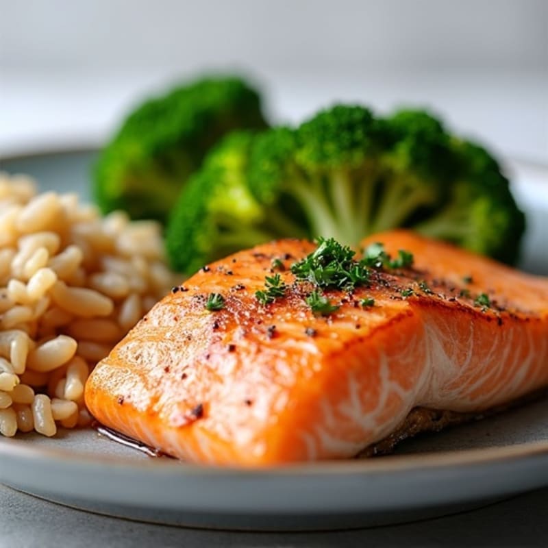 Seared Salmon Fillet with Steamed Broccoli and Brown Rice