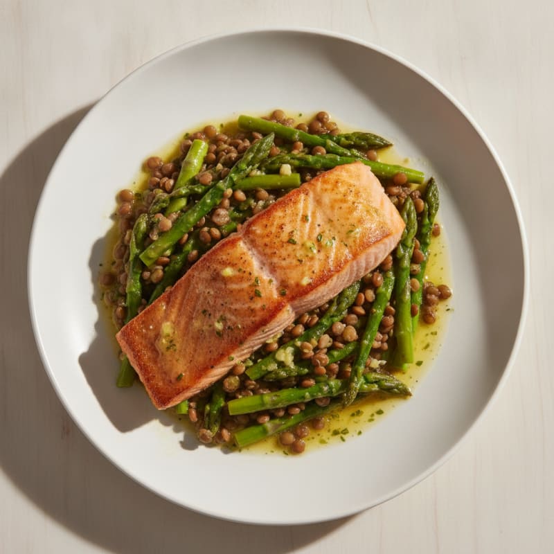 Seared Salmon Fillet with Lentil and Asparagus Salad