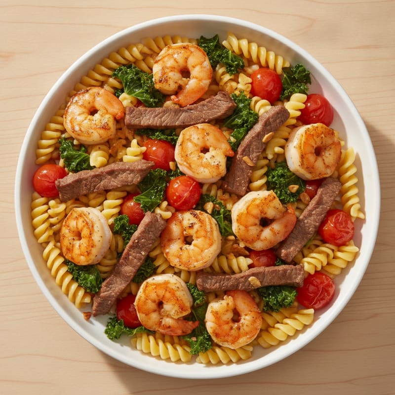 Seared Shrimp and Beef Pasta with Cherry Tomatoes and Wilted Kale