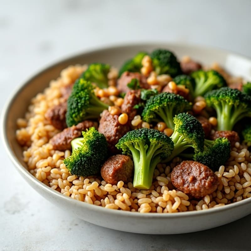Seared Ground Beef and Broccoli Stir Fry with Brown Rice
