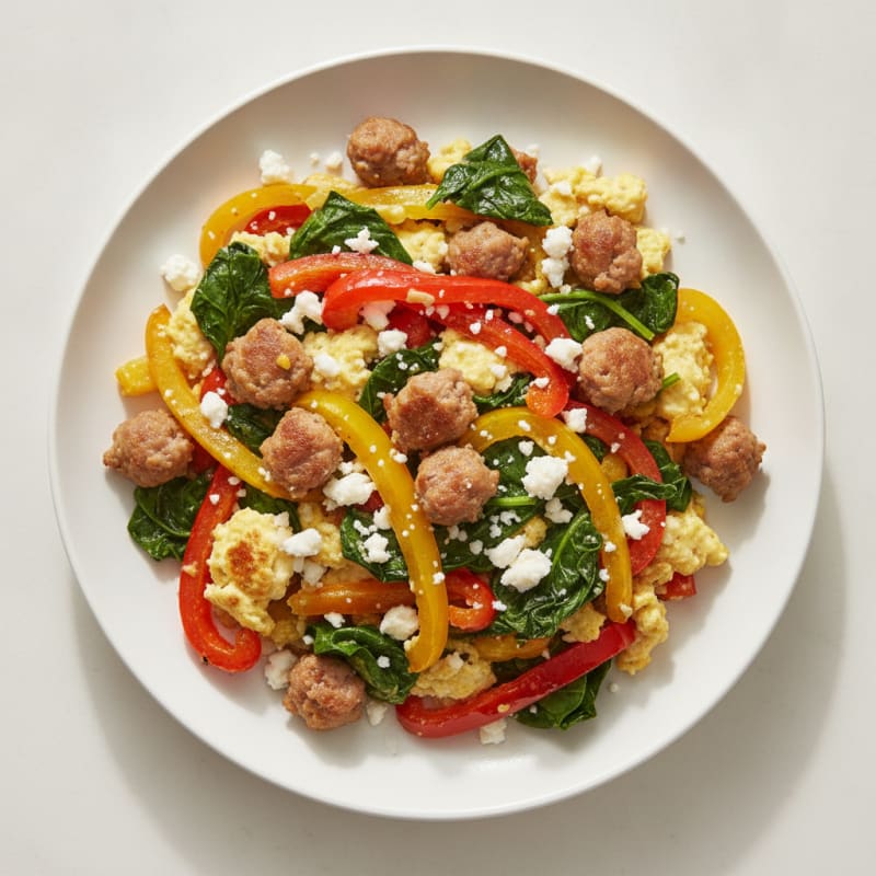Egg White Spinach Scramble with Turkey Sausage and Sautéed Peppers
