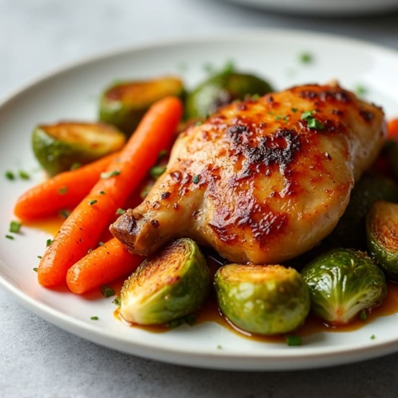 Roasted Chicken Thighs with Maple Glazed Carrots and Crispy Brussels Sprouts